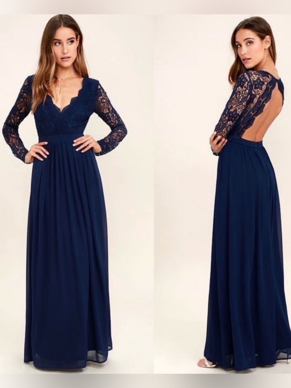 NWT Lulu's Navy Blue Awaken My Love Long Sleeve Lace Maxi Dress- Size Small